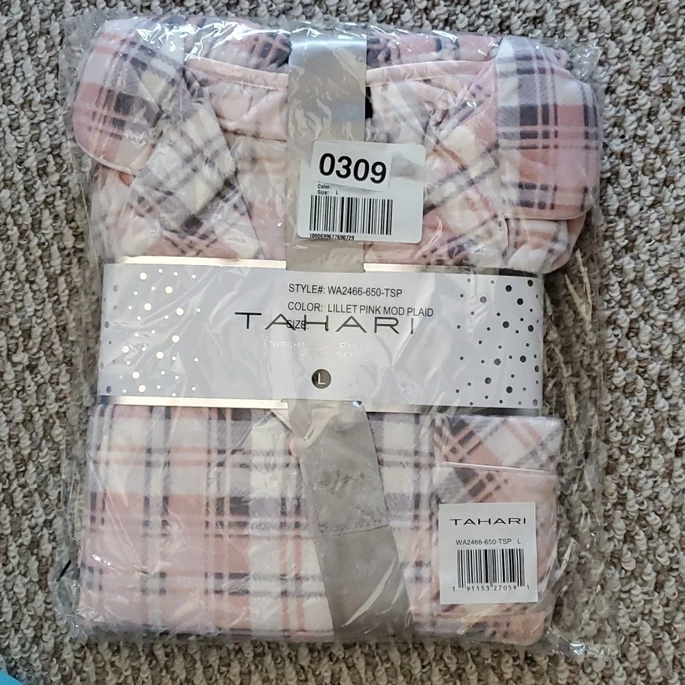 TAHARI Packaged Velour Plaid Notch Neck Lounge Set Pink Multi | L